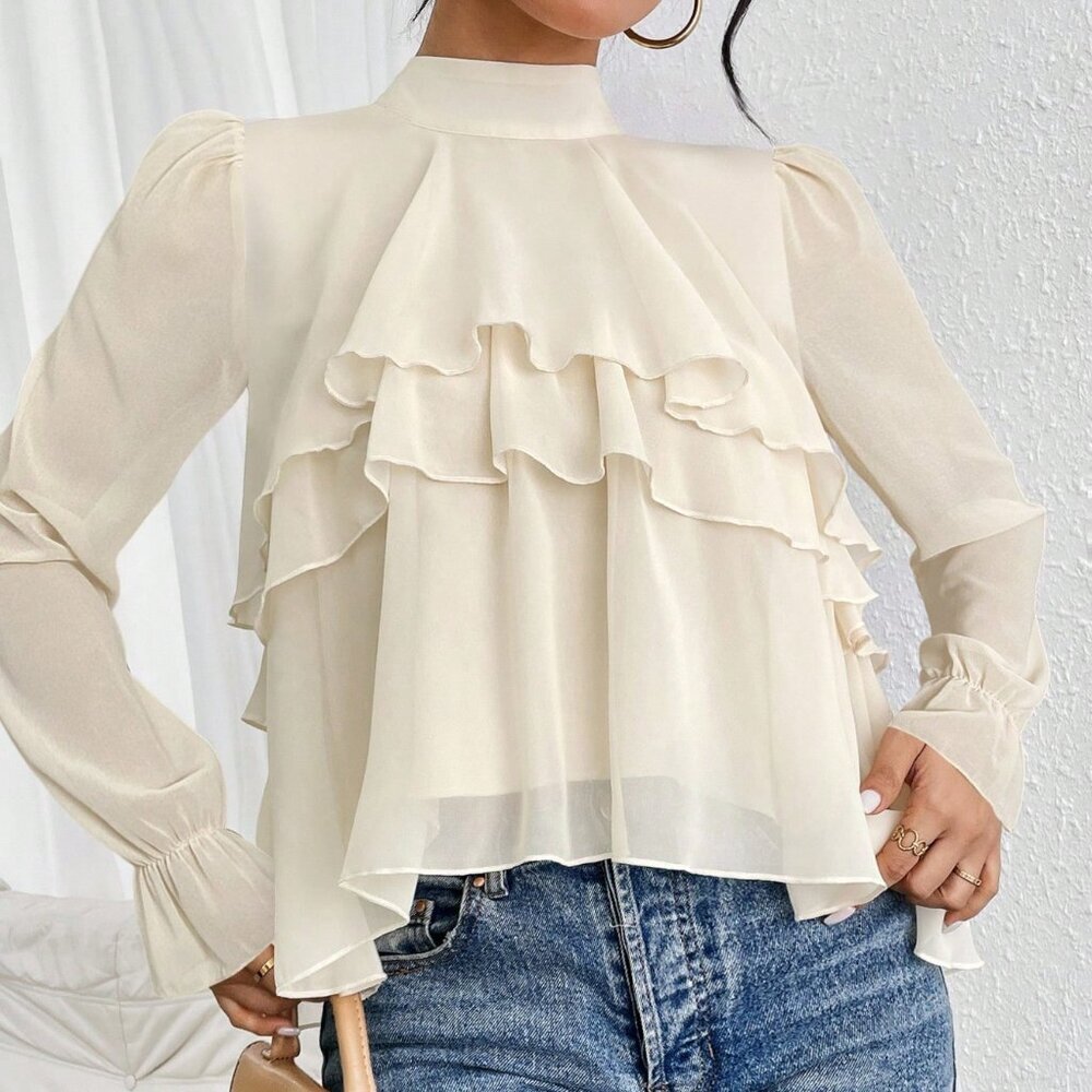 Apricot Casual Women's Loose Ruffled Chiffon Long-Sleeved Shirt Blouse - Picture 7 of 7